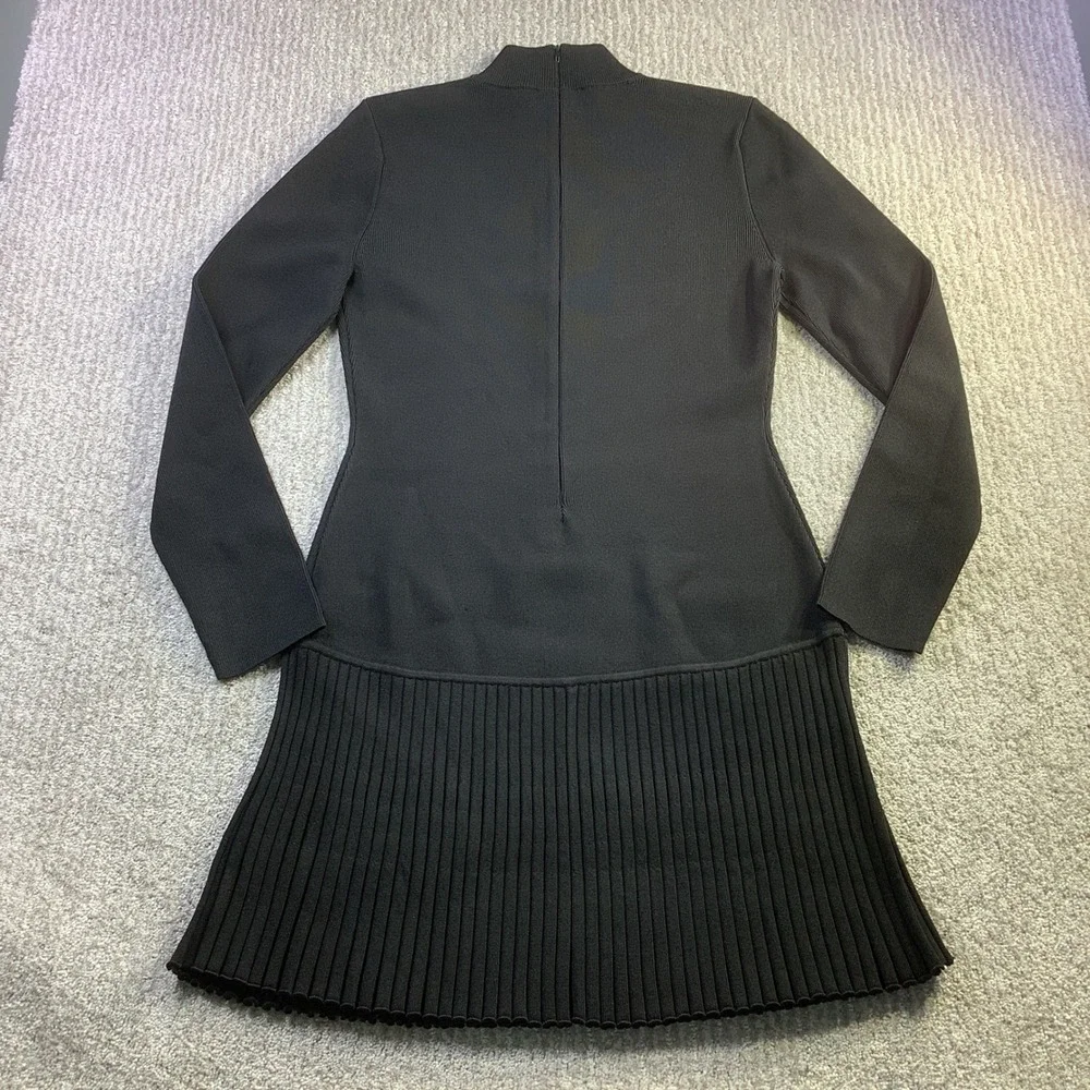 Michael Kors Black Pleated Knit Mock Neck Dress Gold Button Womens Size‎ L NWT